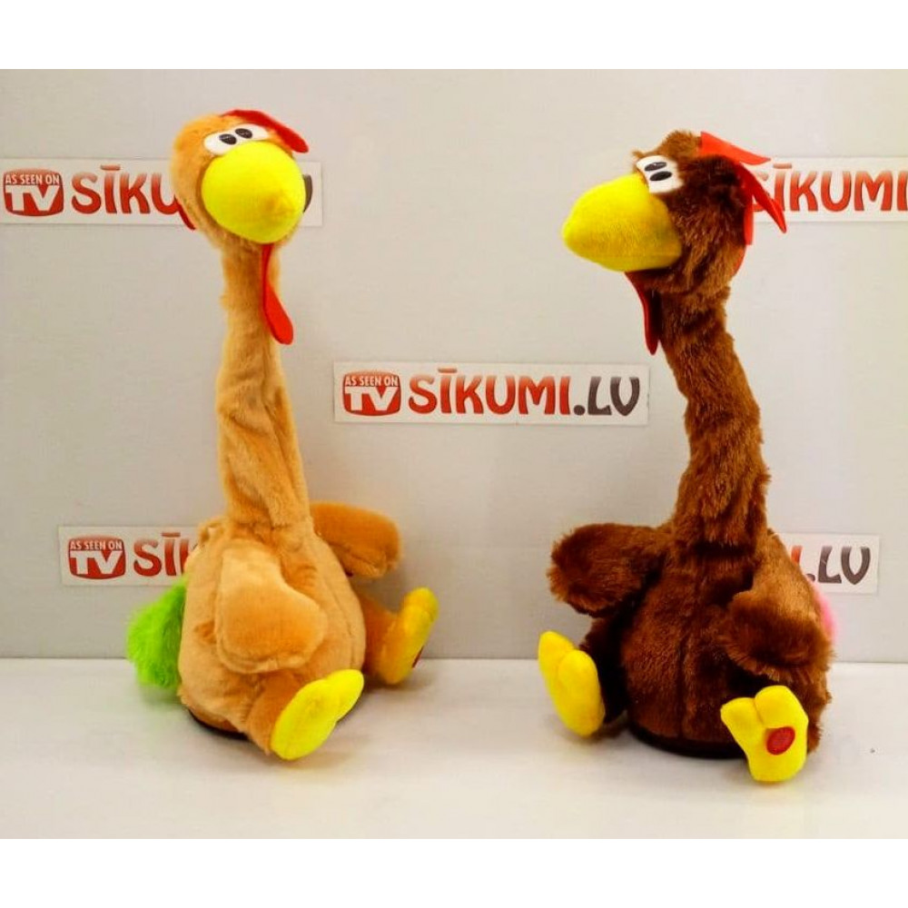 An interactive soft toy dancing and singing chicken on wheels