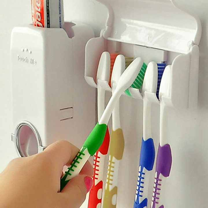 Дозатор, диспенсер для зубной пасты с держателем для двух зубных щеток, белый