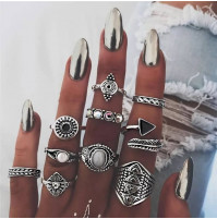 Miss JQ 13pcs/set Boho Style Retro Silver Plated Elephant Hollow Lotus Ring Sets for Women Knuckle Midi Rings Beach Jewelry
