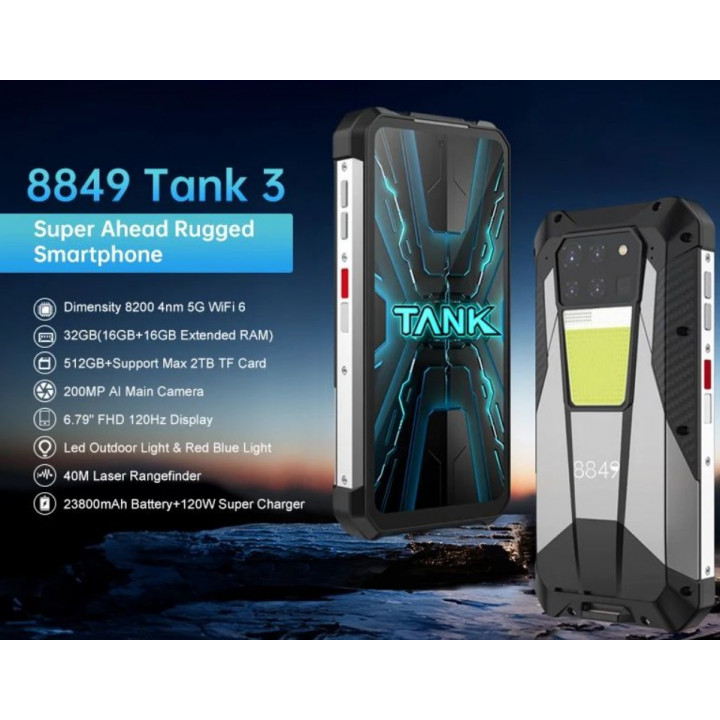 Triecienizturīgs viedtālrunis Unihertz Tank 3, 32 + 512 GB, ūdensizturīgs IP69K, iebūvēts prožektors, lielākais akumulators 23800 mAh, NFC, 4 kameras 200 MP, lāzera tālmērs