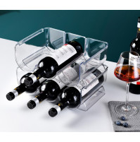 Ergonomic transparent organizer shelf for compact storage of wine in the refrigerator