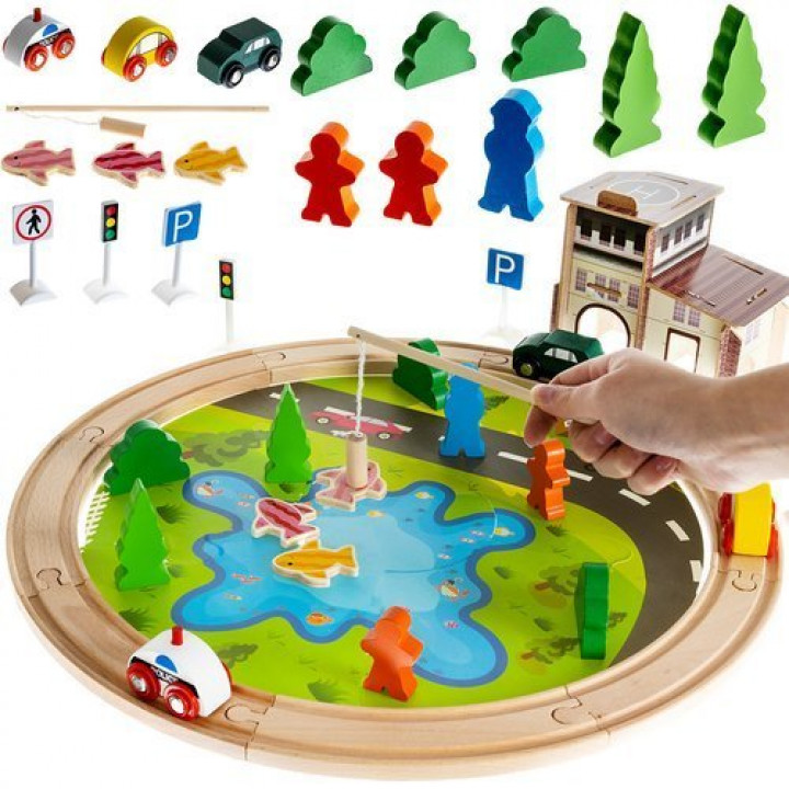 Wooden railroad + game fish on a magnet