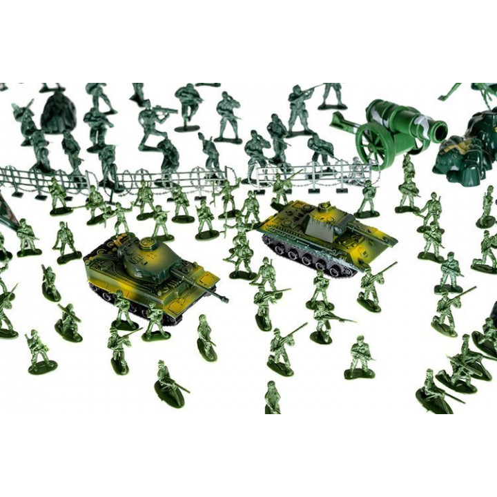 Game set army of WW2 soldiers with tanks, towers, buildings, plants, 300 elements